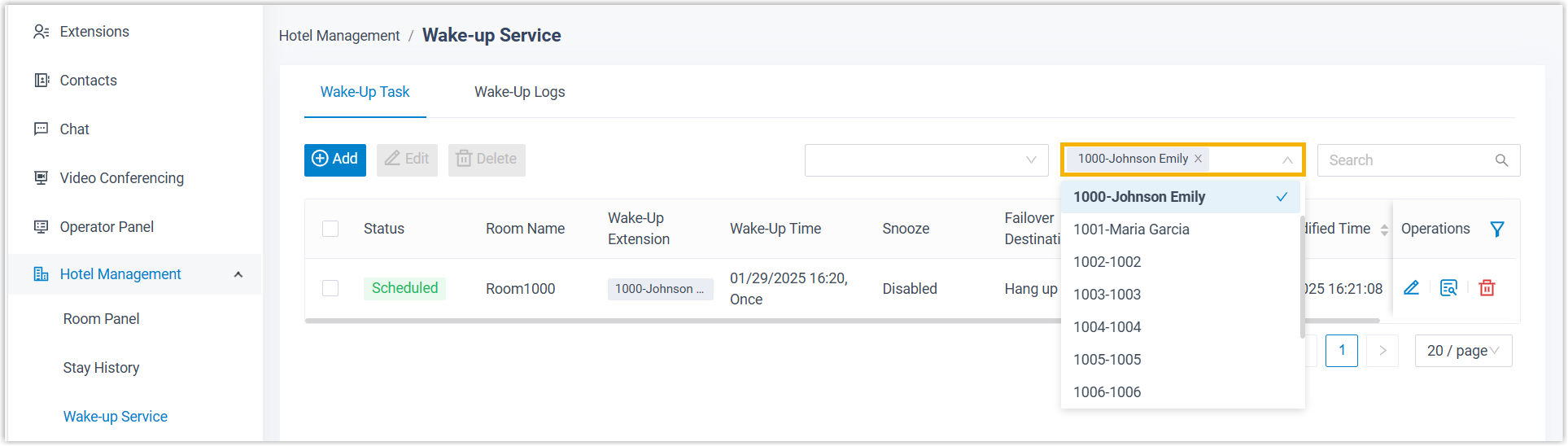 Wake-up task list filtered to a selected guest room