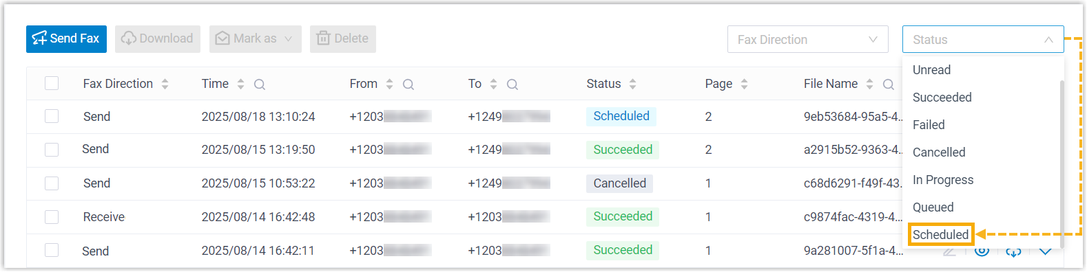 Fax list filtered by the Scheduled status to show only queued outbound faxes
