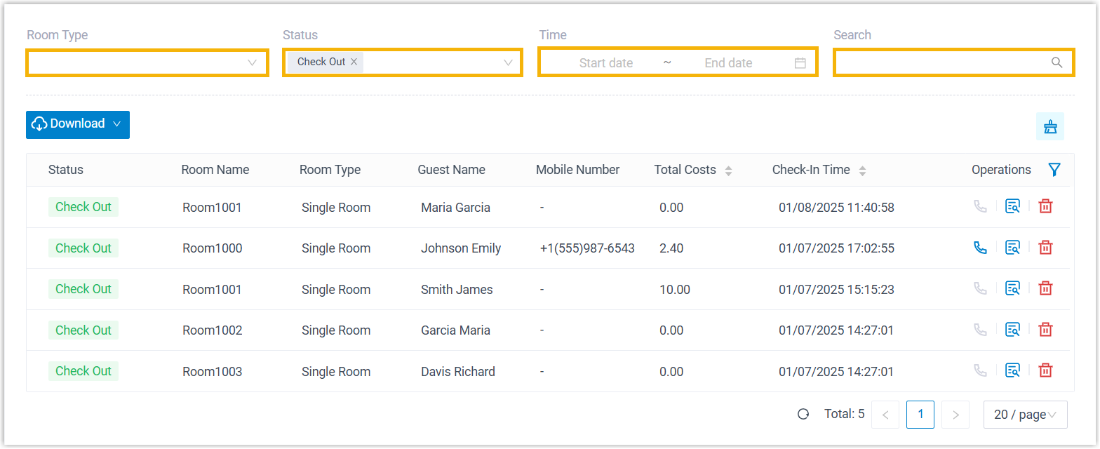 Stay history list filtered down to a subset of guest visits