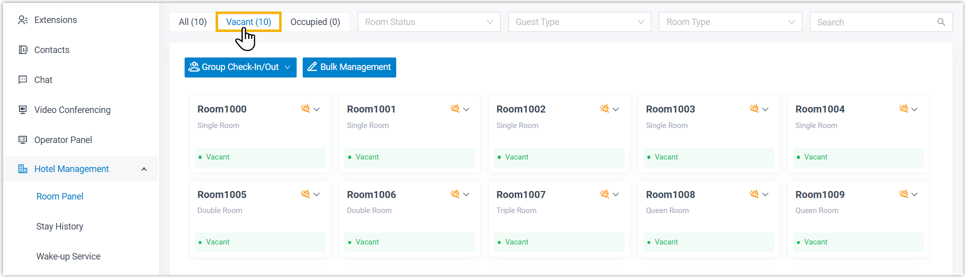 Room Panel filtered to show only vacant rooms