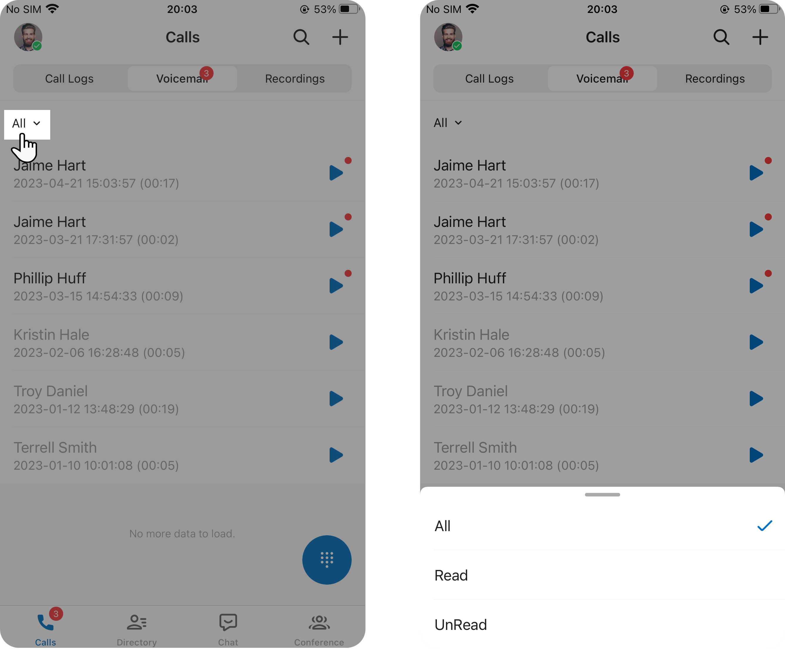 Read-status filter control at the top of the voicemail list