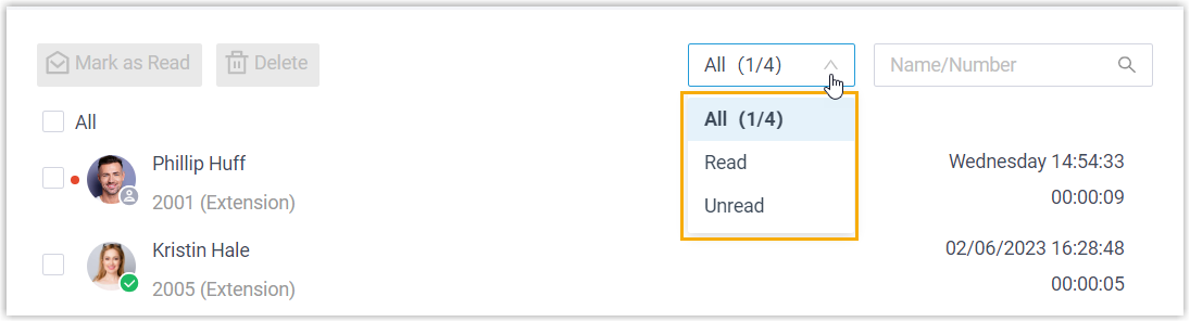 Read-status filter applied to the desktop voicemail list