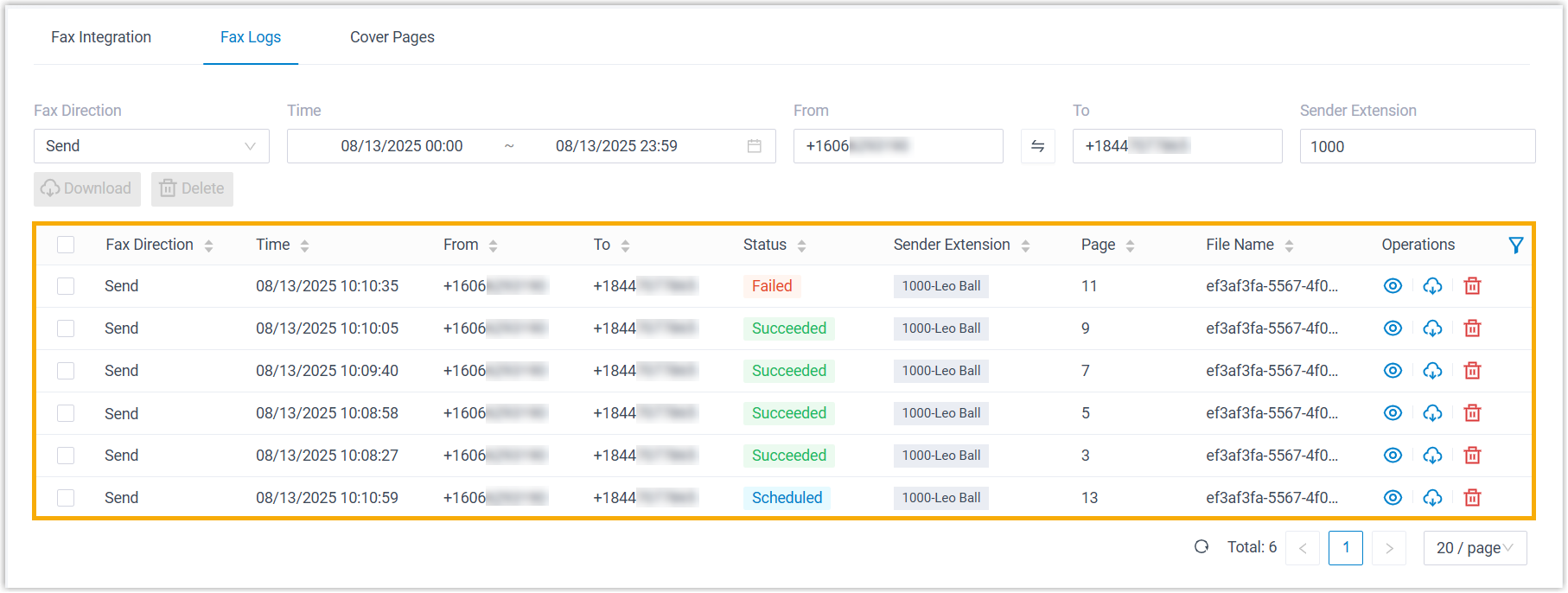 The fax log list showing entries that match the applied filters