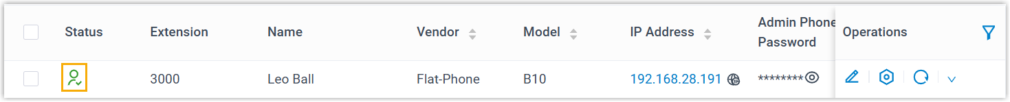 Auto provisioning list showing the Flat-Phone registered to its extension