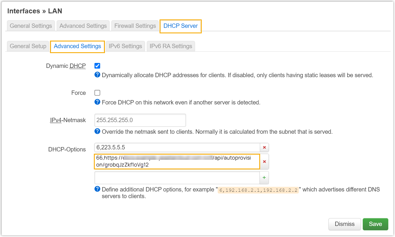 DHCP option 66 set to the phone's provisioning link
