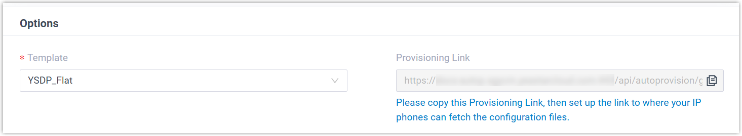 Provisioning options showing the template and generated provisioning link