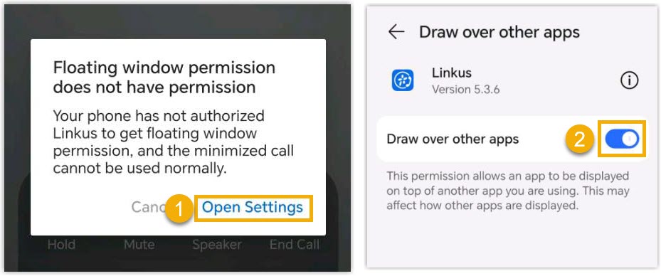 Cloud Voice, the Android system prompt granting permission to draw over other apps