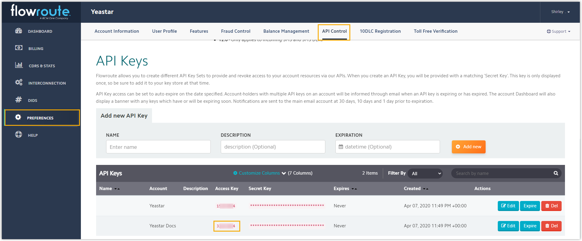 Cloud Voice, the Flowroute API key detail showing its access key