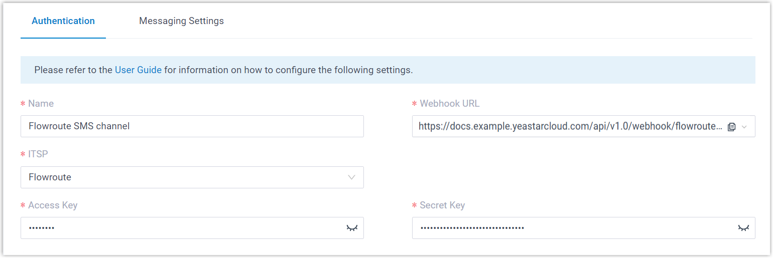 Cloud Voice, the Authentication tab of a Flowroute SMS channel