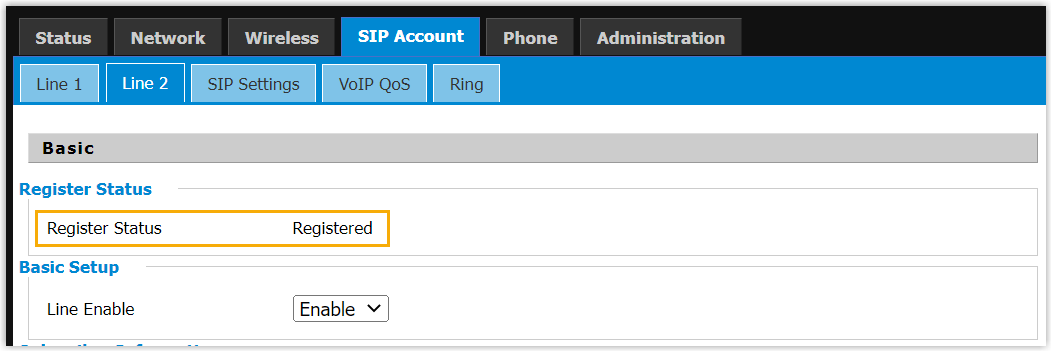 The Flyingvoice SIP account showing the extension with a registered status