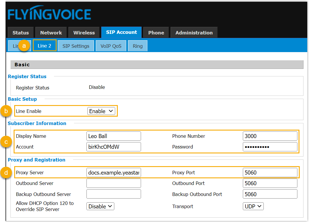 The SIP Account tab on the Flyingvoice phone with the subscriber and proxy fields filled in