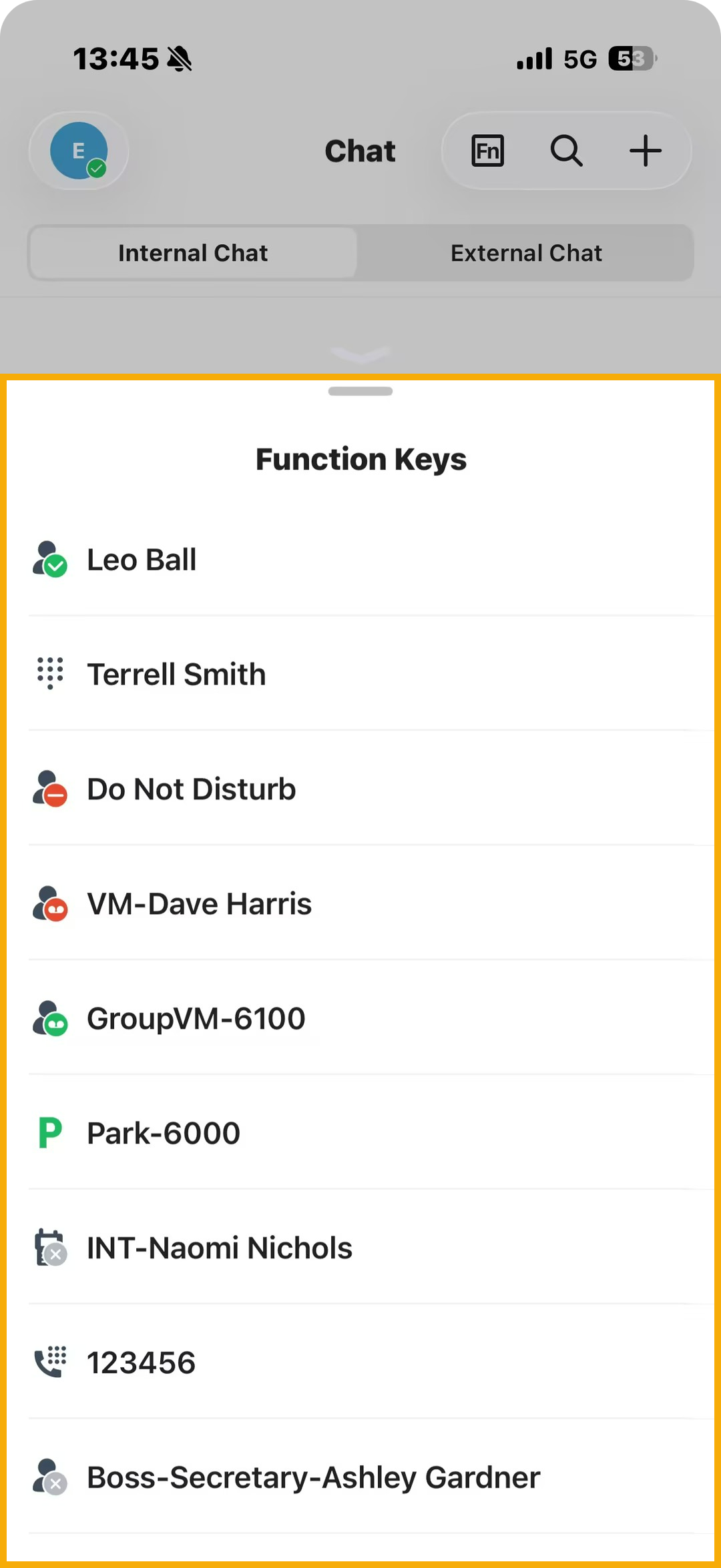 The Function Keys panel showing the configured keys available on the mobile app