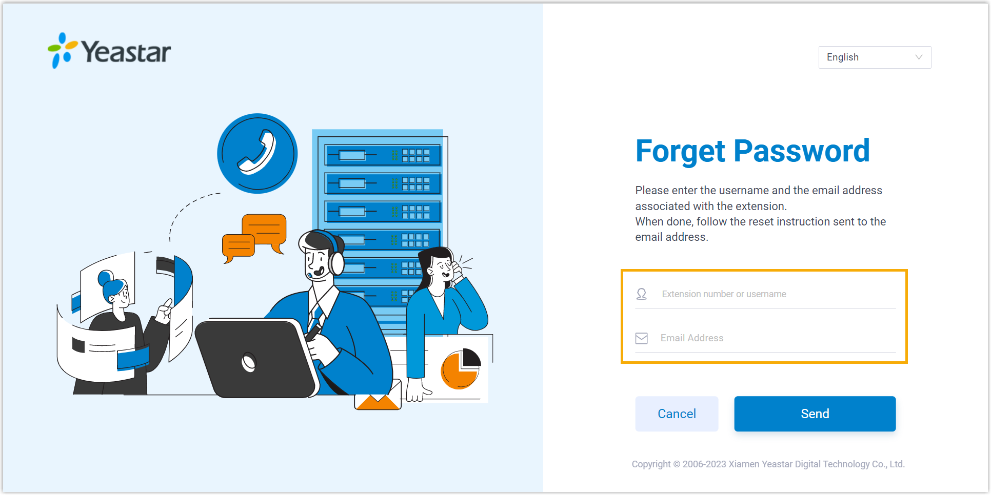Cloud Voice, Forget Password form with fields for extension number and email address