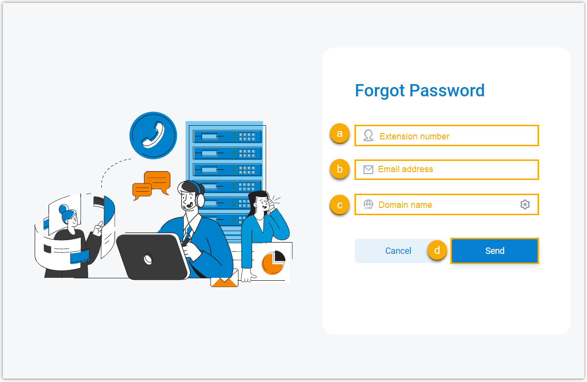 The Forgot Password form with fields for extension number, email address, and server domain