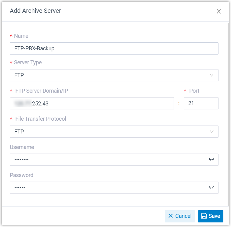 Dialog for defining an FTP archive server with connection and credential fields