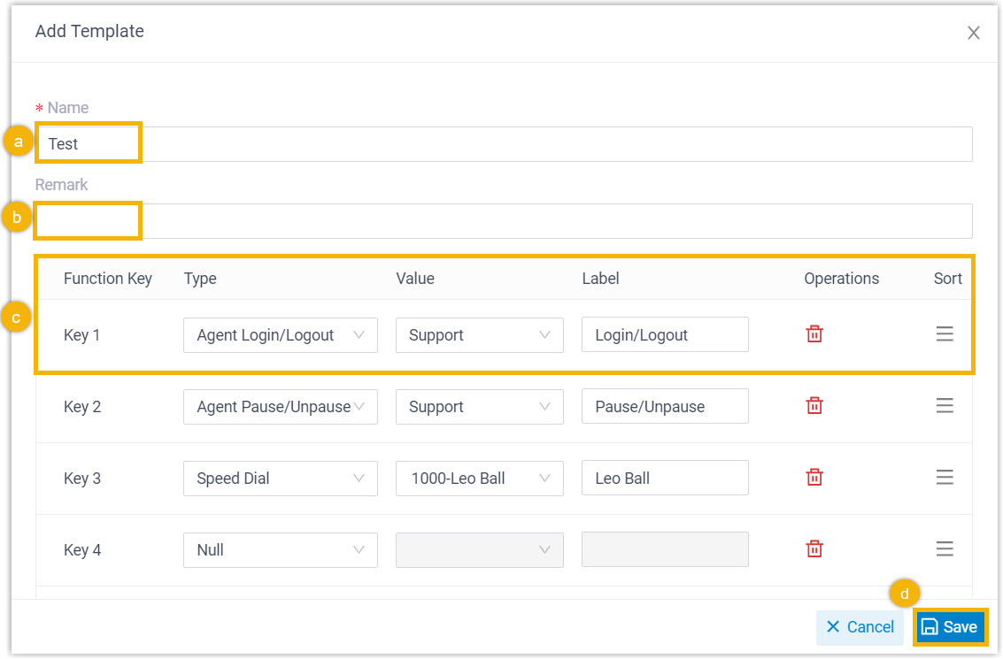 The template editor with fields for name, remark, and the function keys list