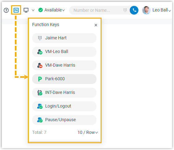 Function key mini panel open in the Cloud Voice App