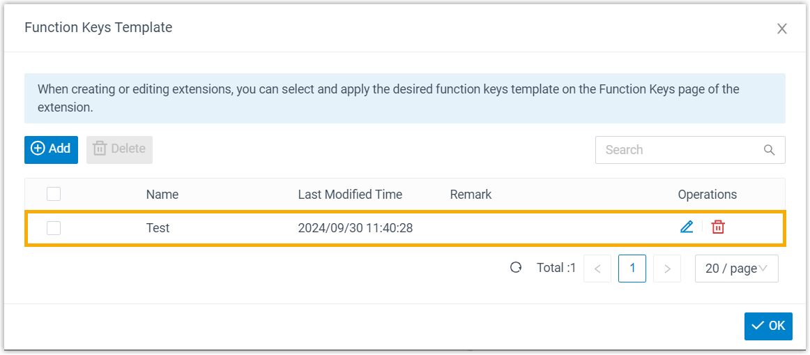 The saved template shown in the function keys template list