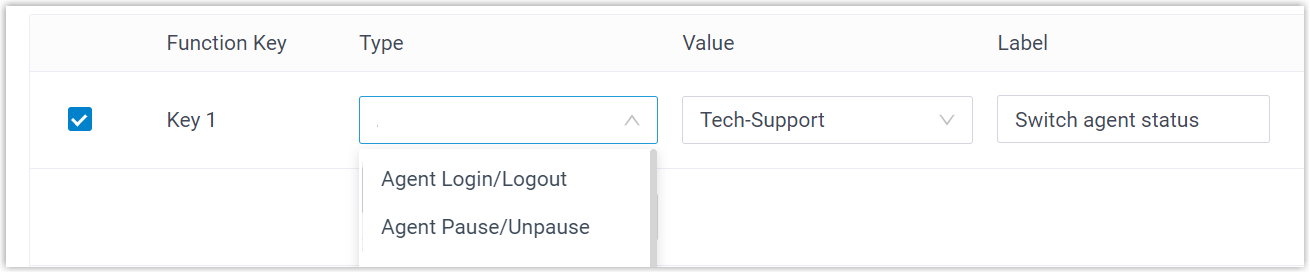 Function key configured with an Agent Login/Logout type pointing at a specific queue