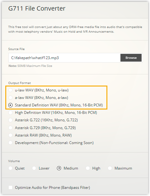 The G711 converter with file upload and output format options