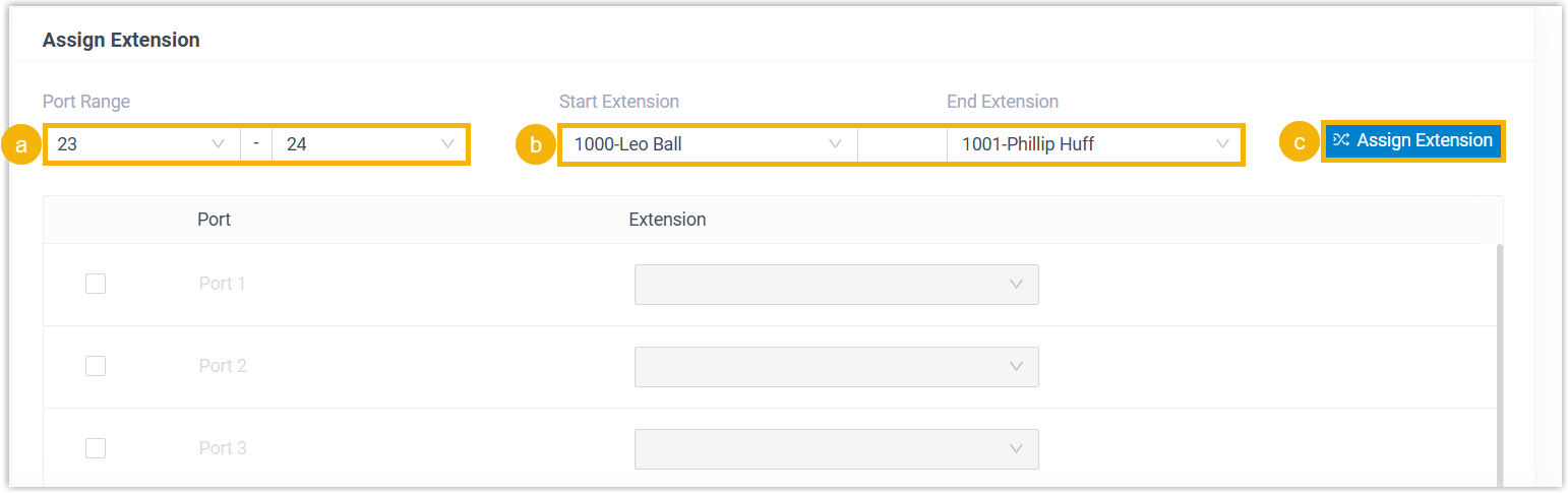 Assigning a range of extensions to a range of gateway ports