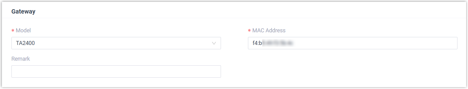 Gateway identity fields for model, MAC address, and remark