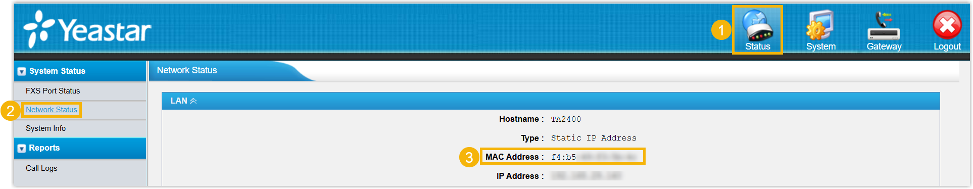 A TA gateway label showing where the MAC address is printed