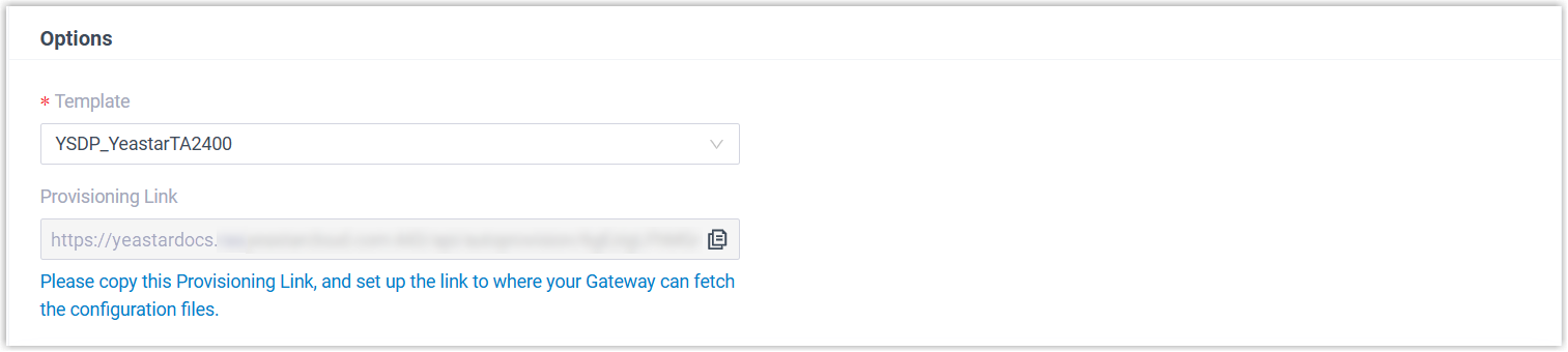 Cloud Voice, Options panel with the template selector and provisioning link
