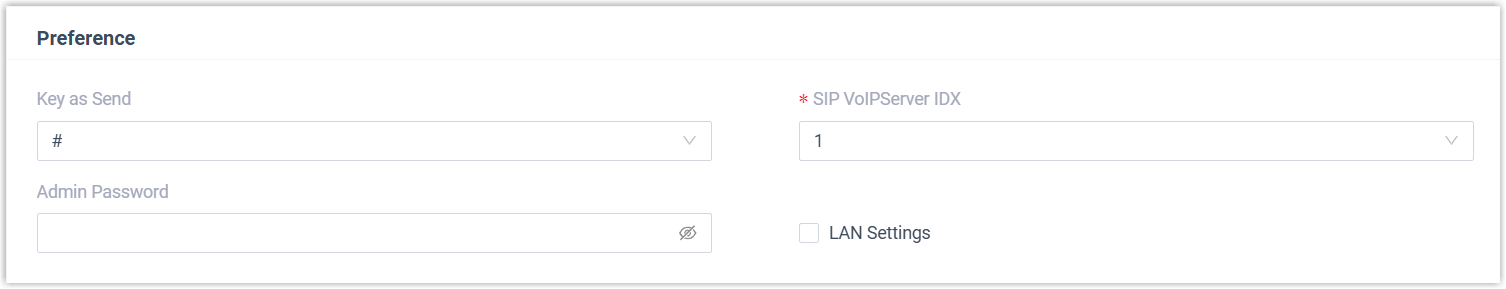 Gateway preference options including send key, VoIP server ID, and admin password