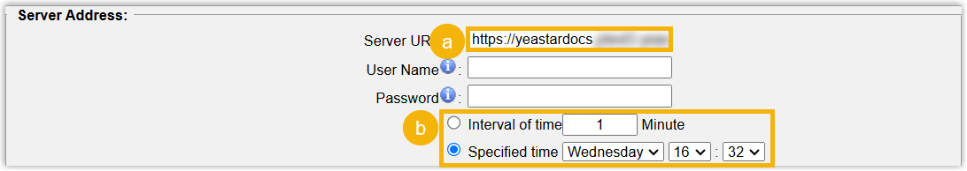 Cloud Voice, Server address fields with the provisioning URL and schedule