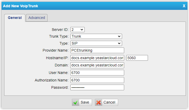 Cloud Voice, VoIP trunk configuration on the TA810 gateway pointing at the PBX domain and SIP port