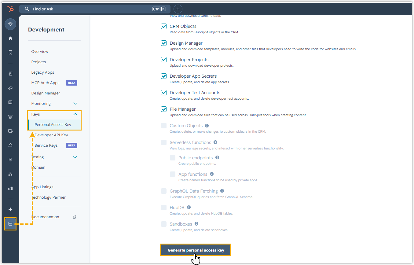 The Personal Access Key page in the HubSpot developer account with the generate button