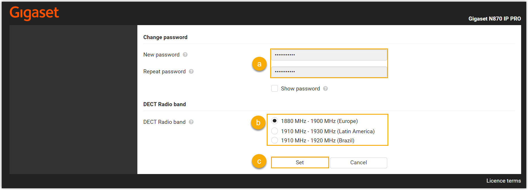 Setting a new admin password and DECT radio band on the base station