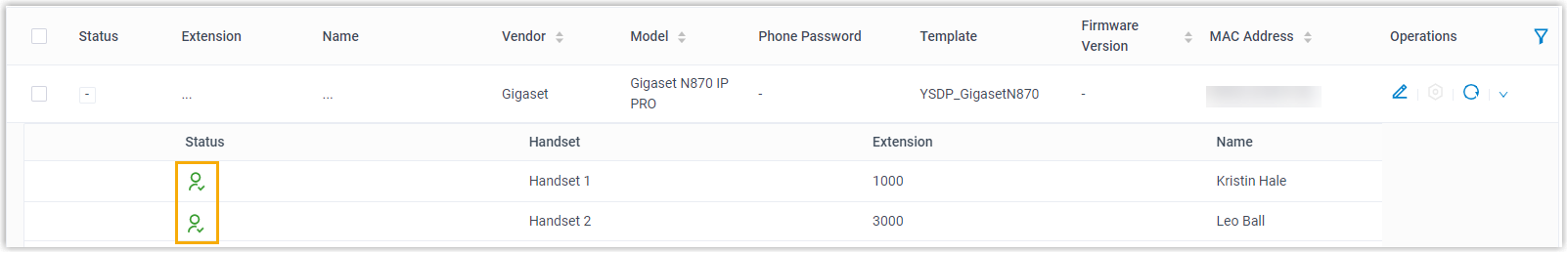 Auto Provisioning phone list showing the DECT extensions registered