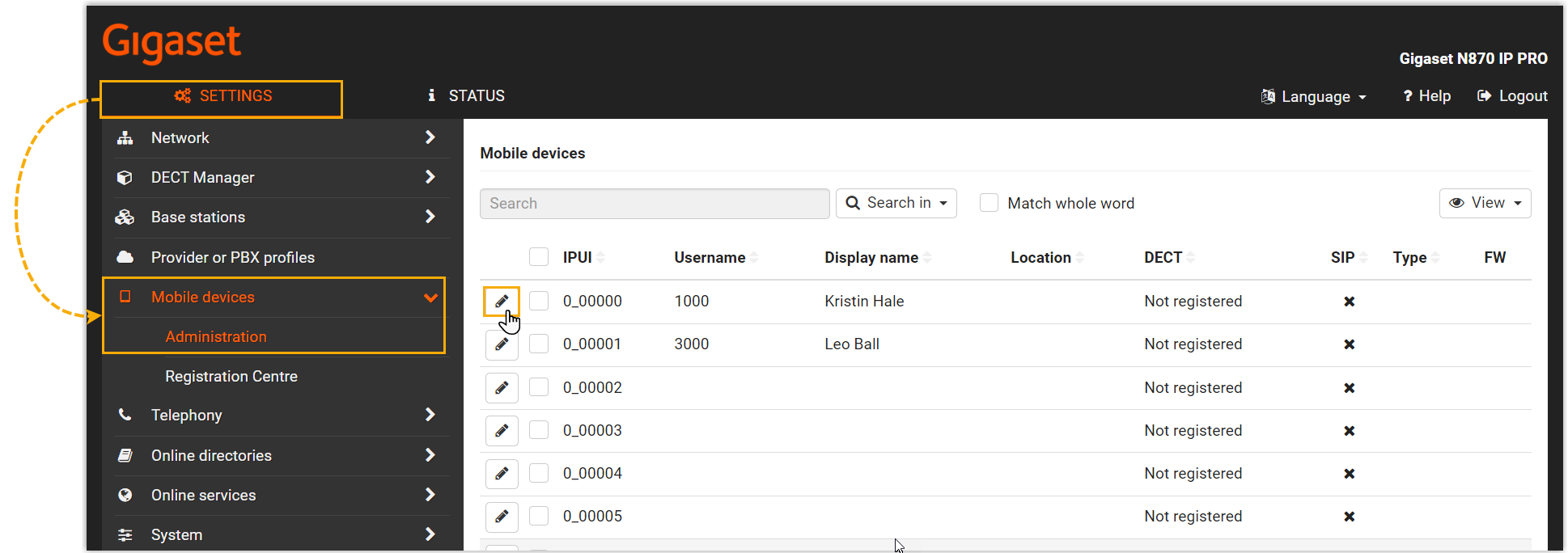 Editing a mobile device entry on the base station's administration page