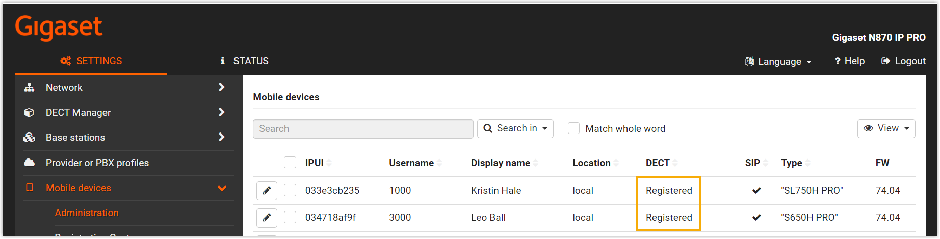 Base station administration page confirming a handset is registered