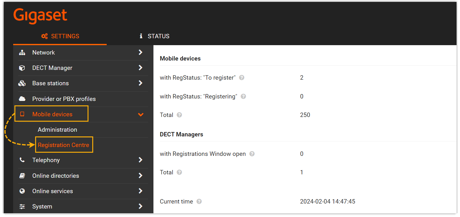 DECT Managers page in the base station Registration Centre