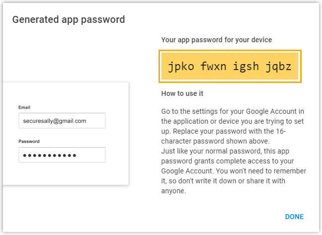 The generated 16-digit Google app password