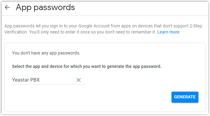 Cloud Voice, the custom-name field ready to generate an app password