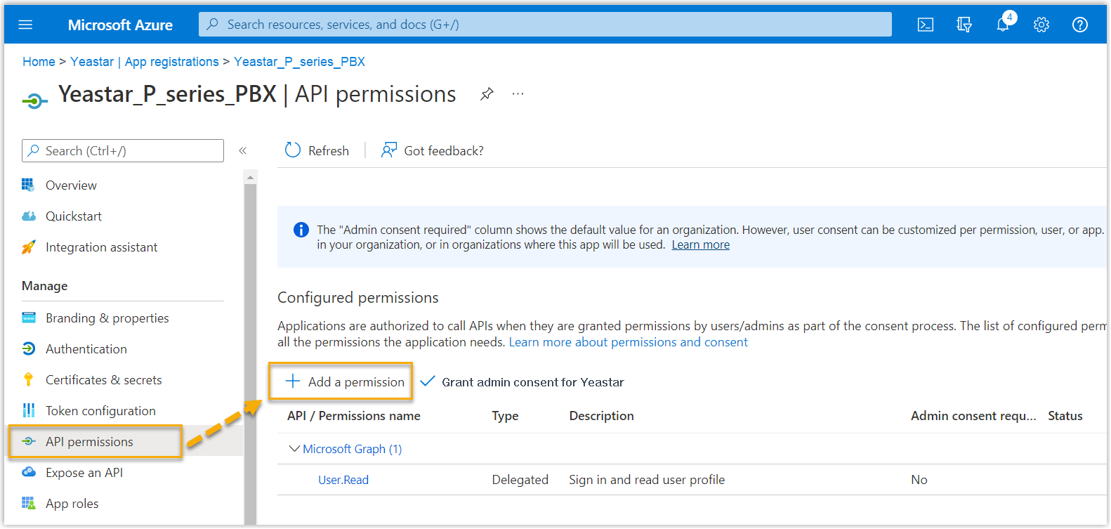Cloud Voice, the API permissions page with Add a permission highlighted