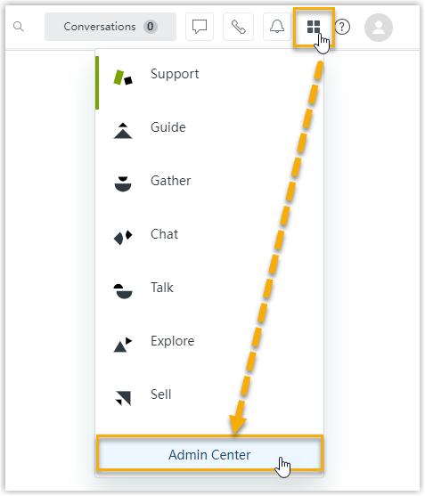 Zendesk products menu with Admin Center highlighted