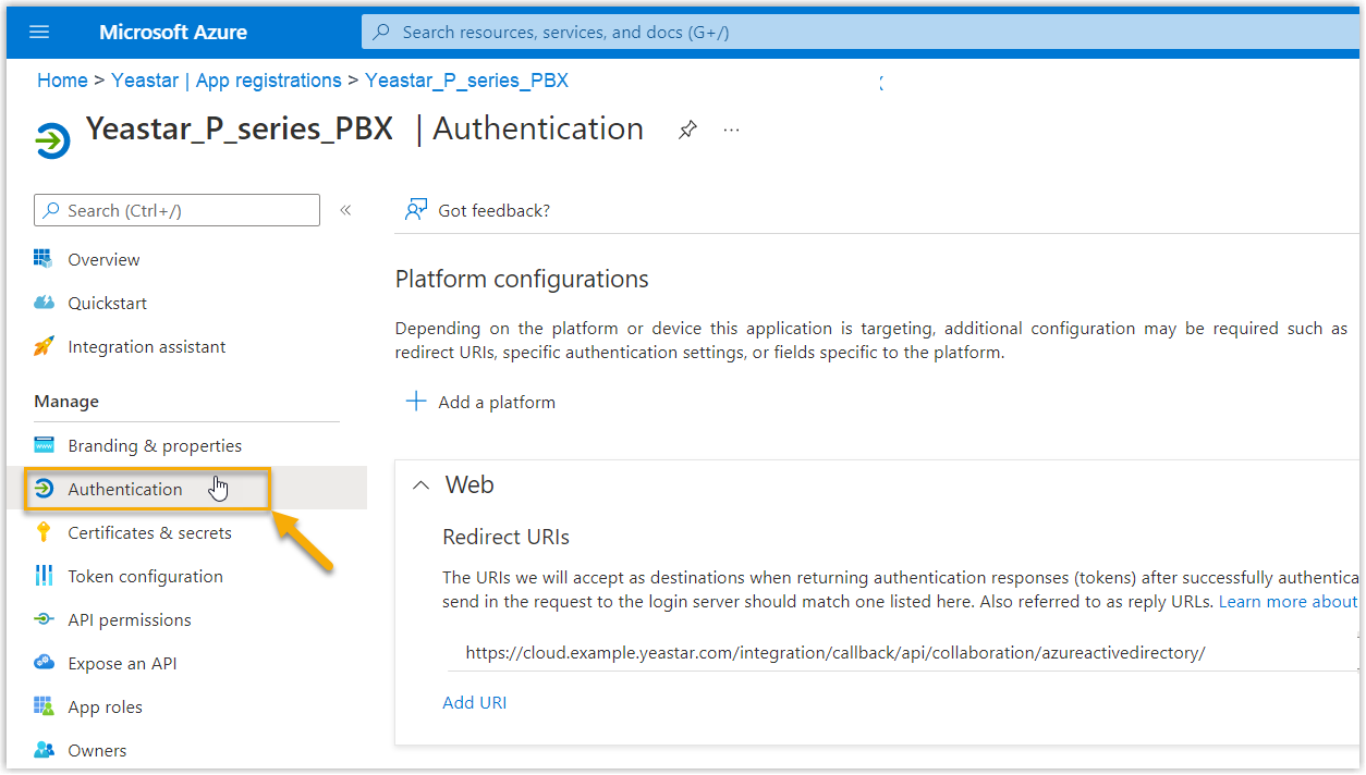 Cloud Voice, the Authentication section of the Entra application