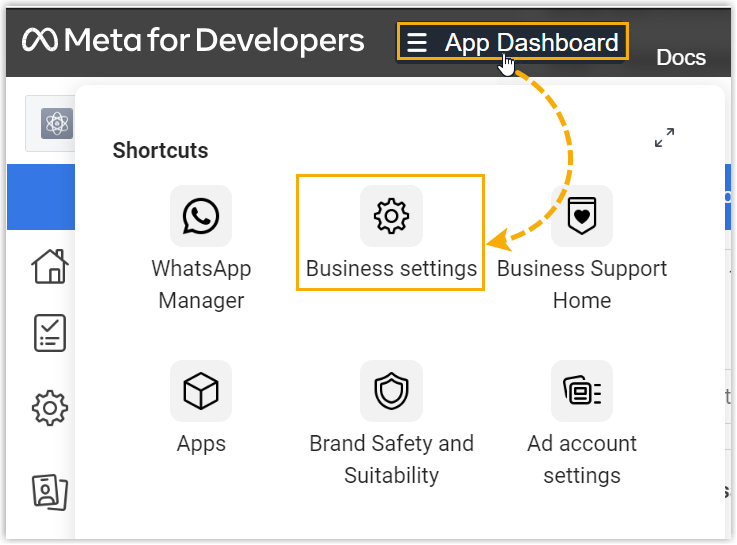 App Dashboard menu with the Business settings link