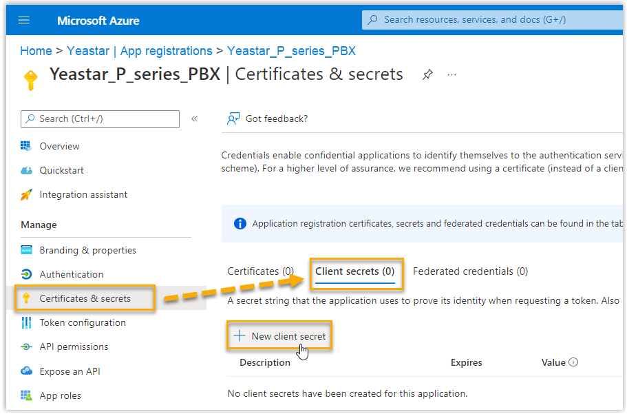 The Certificates & secrets page with New client secret selected