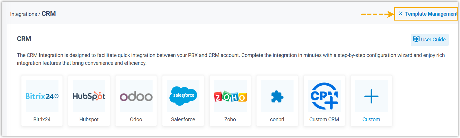 Template Management button in the top-right of the CRM integration page