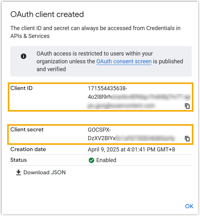 The pop-up window showing the generated client ID and client secret