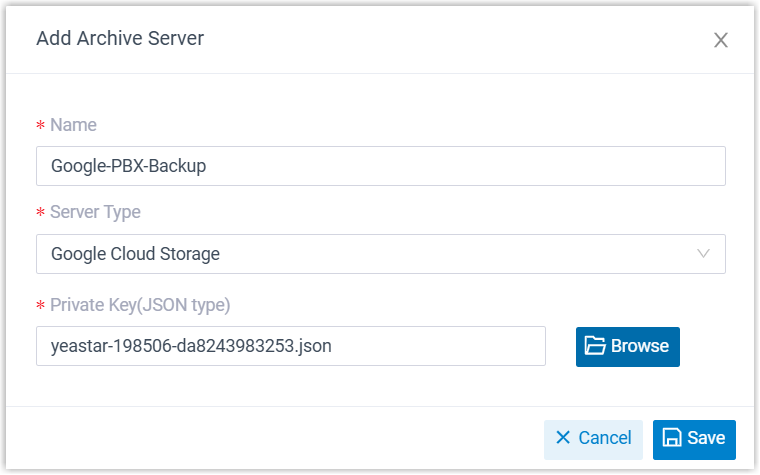 Cloud Voice, the archive server settings for Google Cloud Storage