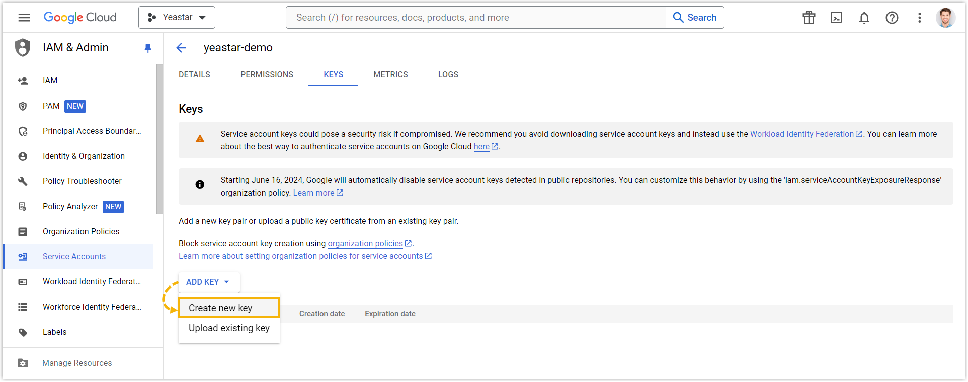 Cloud Voice, the Add Key menu on the key management page