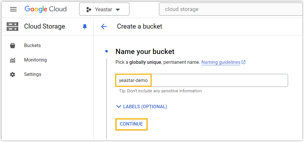 Naming the new Cloud Storage bucket