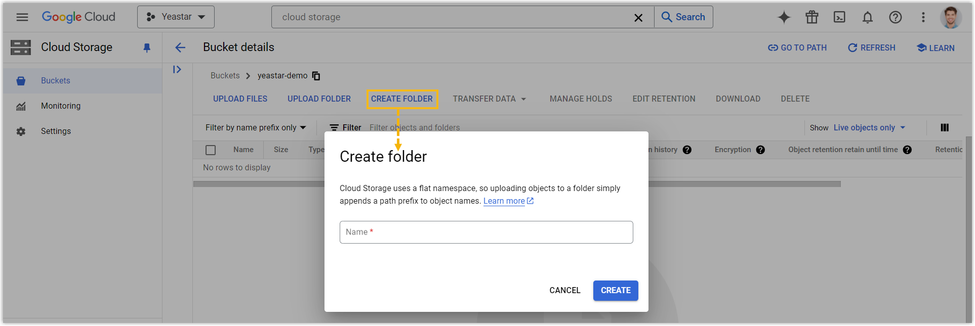 A folder created inside the Cloud Storage bucket